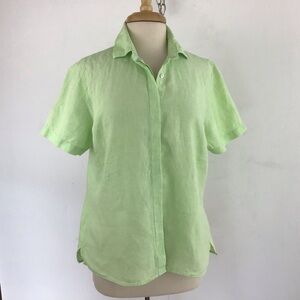 Land’s End linen short sleeve  pastel lime button front shirt. Size L 14-16.